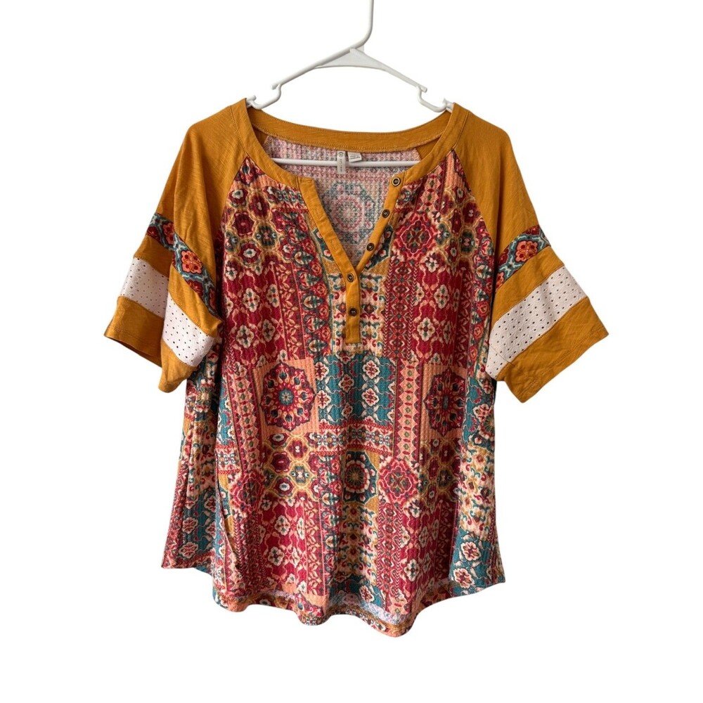 CATO Women Size XL Shirt Mustard Red Printed Stretch Popover Short Sleeve Boho